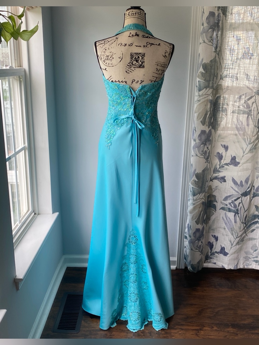 Vintage Y2k 90s Aqua Beaded Fairy Halter Prom Dress - sz 10 - Picture 3 of 15